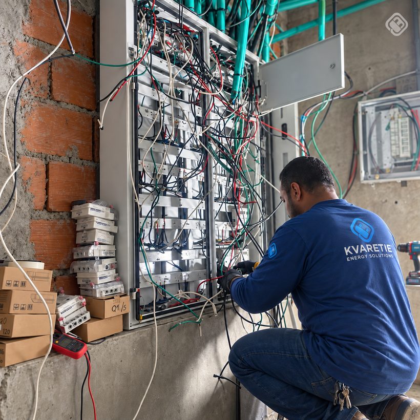 Técnico realizando cableado eléctrico en obra