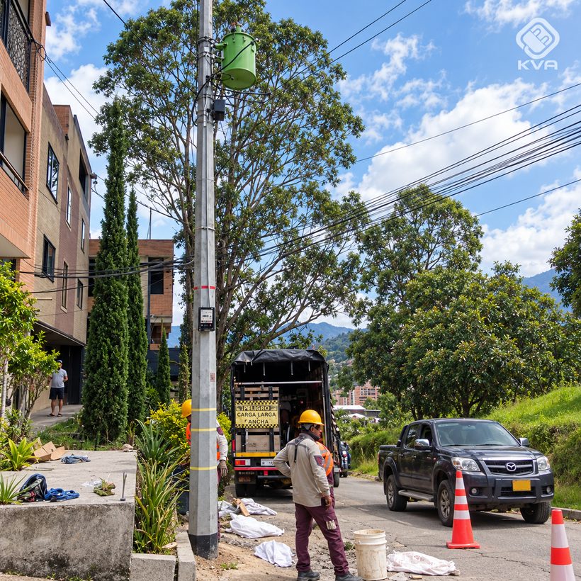 Intervención de red eléctrica en poste sobre vía urbana