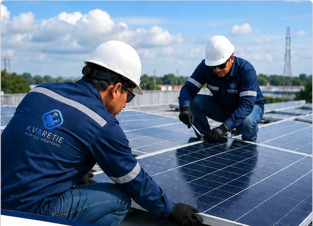 Técnicos de KVARETIE instalando paneles solares fotovoltaicos