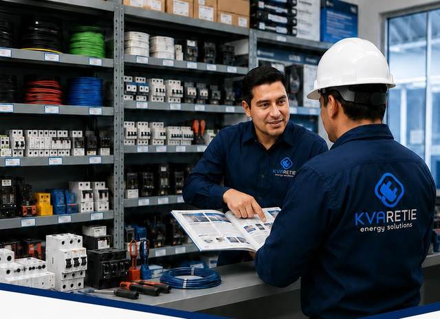 Asesor de KVARETIE mostrando catálogo de materiales eléctricos